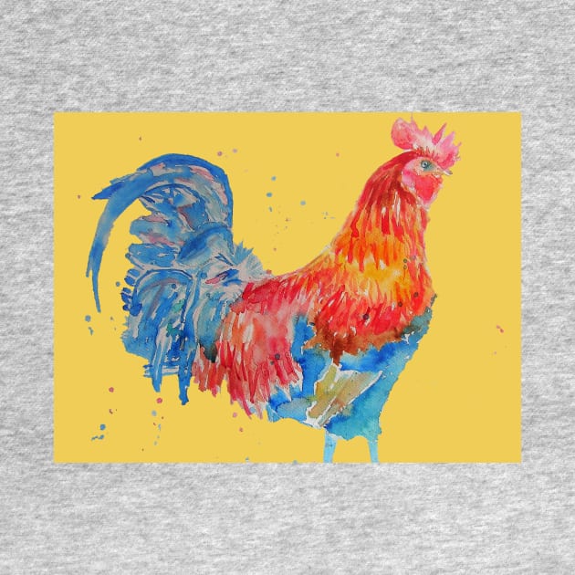 Rooster Chicken Watercolor Painting on Yellow by SarahRajkotwala